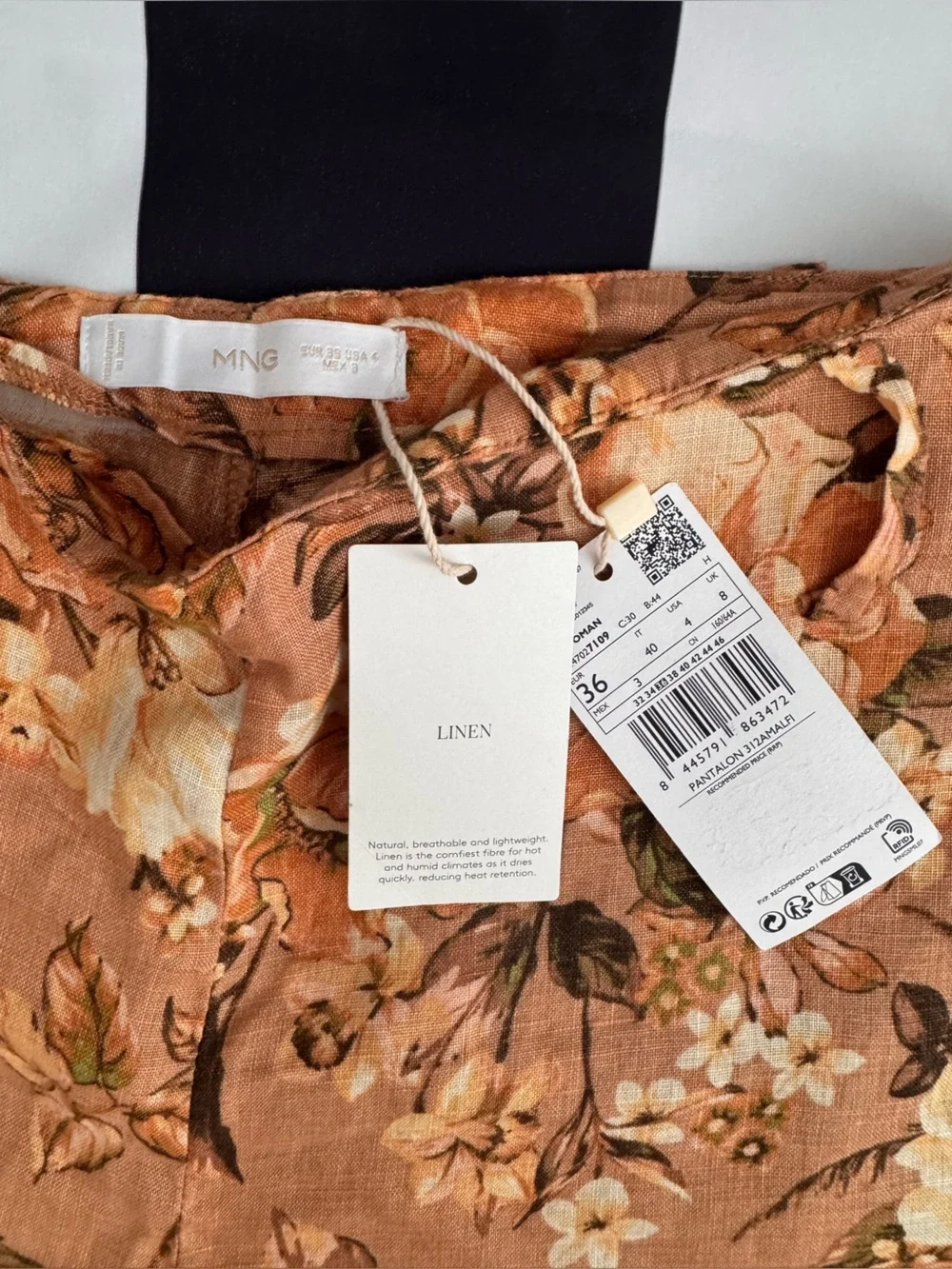 Mango Linen Floral Rust-Orange Midi Skirt